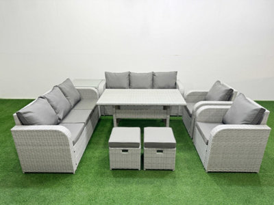 Fimous Pe Rattan High Back Lounge Sofa Set Rectangular Dining Table & Chairs Set 3 Seater Sofastools Side Table Light/Grey