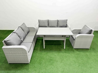 Fimous 7 Seater Poly Rattan Outdoor Garden Furniture Rectangular Dining Table Sofa Set 3 Seater Sofa Light/Grey