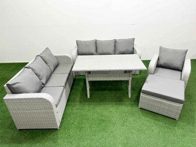 Fimous 8 Seater Poly Rattan Outdoor Garden Furniture Rectangular Dining Table Sofa Set 3 Seater Sofa Big Footstool Light/Grey