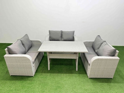 Fimous 6 Seater Pe Wicker Rattan Furniture Sofa Sets Rectangular Dining Table 2 Seater Love Sofa Light/Grey