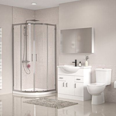 B&Q -  White 850mm Vanity 800mm Quadrant Shower Enclosure Toilet Tray Set