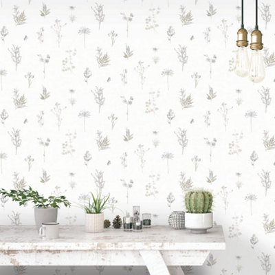 Galerie Evergreen Grey Botanical Smooth Wallpaper from B&Q