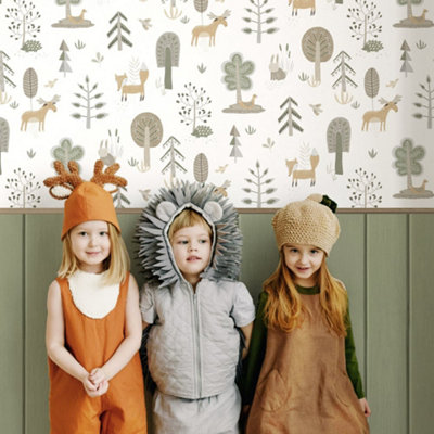Galerie Little Explorers 2 Green Doga Happy Wood Panelling Wallpaper Roll from B&Q