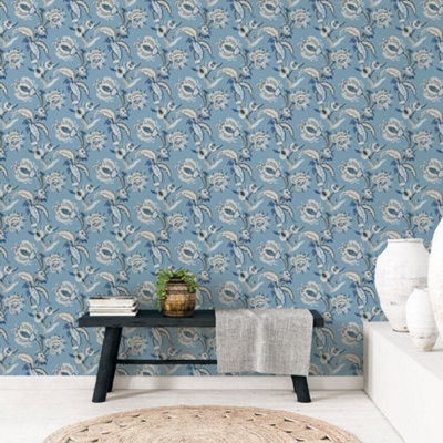 B&Q -  Into The Wild Metallic Blue Abstract Floral Wallpaper Roll