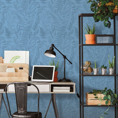 Galerie Into The Wild Blue Botanical Leaf Wallpaper Roll from B&Q