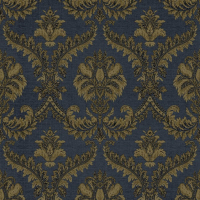 Galerie The Classic Italian Collection Blue Gold Traditional Damask Embossed Wallpaper from B&Q