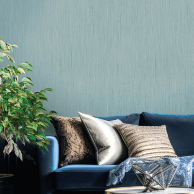 Galerie Cottage Chic Blue Silky Plain Wallpaper Roll from B&Q