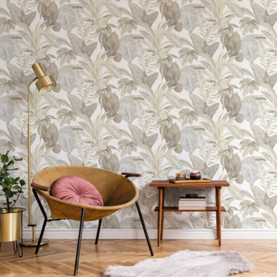 Galerie Botanica Cream Grey Bali Foliage Smooth Wallpaper from B&Q