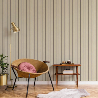 Galerie Botanica Beige Black Classic Stripe Smooth Wallpaper from B&Q