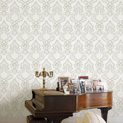 Galerie Opulence Cream Beige Grey Luxury Italian Damask Embossed Wallpaper from B&Q