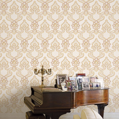 Galerie Opulence Pink Gold Luxury Italian Damask Embossed Wallpaper from B&Q