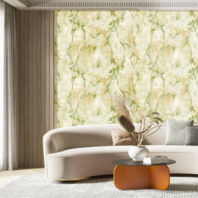 Galerie Stratum Collection Metallic Green/gold Marmo Marble Effect Double Width Wallpaper Roll from B&Q