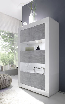 FurniComp LTD Furnicomp Selene Large 4 Door White Gloss And Concrete Grey Glass Display Cabinet from B&Q