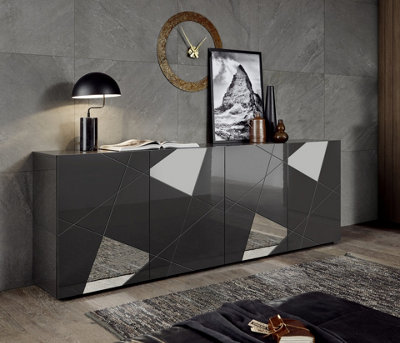 FurniComp LTD Furnicomp Giulia 4 Door Grey Gloss Sideboard With Mirrors from B&Q