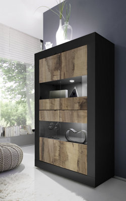 FurniComp LTD Furnicomp Selene Large 4 Door Matt Black & Oak Glass Display Cabinet from B&Q