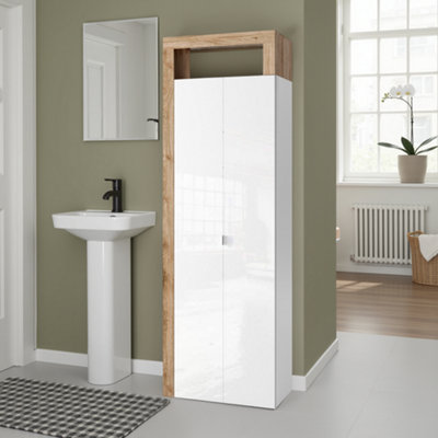 FurniComp LTD Furnicomp Lorenzo 2 Door White Gloss And Cadiz Oak Tall Bathroom Storage Cupboard from B&Q