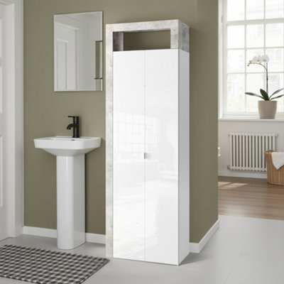 FurniComp LTD Furnicomp Lorenzo 2 Door White Gloss And Concrete Grey Tall Bathroom Storage Cupboard from B&Q