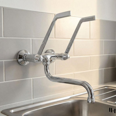 Remer Long Levers + 'S' Spout Chromed Wall Mounted Mixer Tap Faucet Disabled Mobility