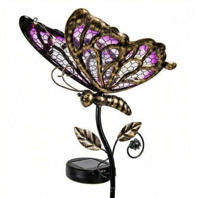 B&Q -  Vibrant Solar Butterfly Lights With Pink Glass Stakes 35 Inch Tall Auto On-Off Waterproof For Yard Patio