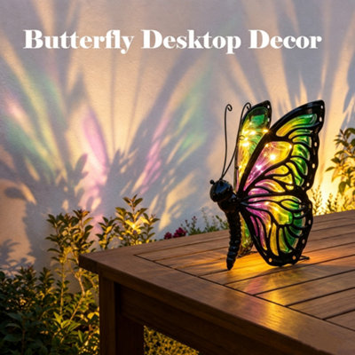 B&Q -  Vibrant Solar Butterfly Lights Hand-Painted Glass 7X5X10 Inches 8 Hours Auto Lighting Garden Decor