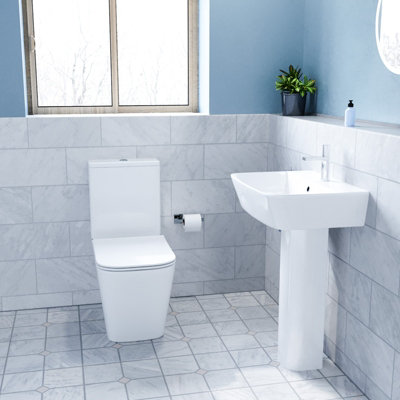 Nes Home White 560mm Square Modern Full Pedestal Basin With Modern Toilet from B&Q