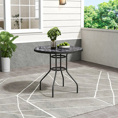 80cm Dia Outdoor Round Marble Coffee Table with Tempered Glass Top and Parasol Hole, Black
