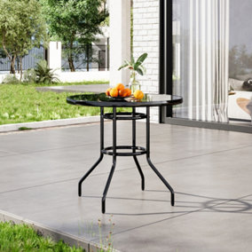 80cm Dia Round Wrought Iron Style Garden Table with Tempered Glass Top and Parasol Hole, Black