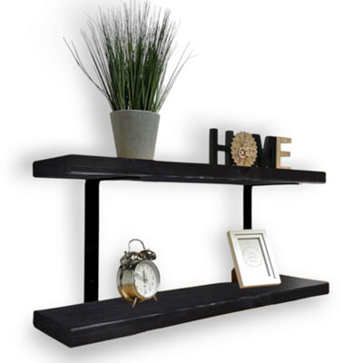 80cm Double Rustic Wooden Shelves Wall-Mounted Shelf with Seated Black L Brackets (Black)