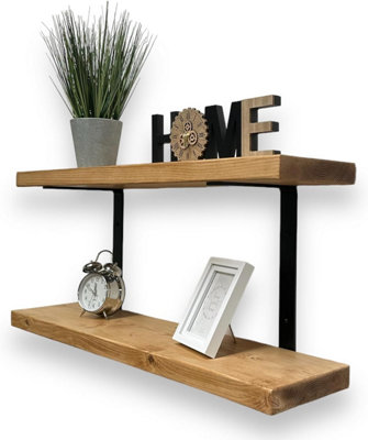 80cm Double Rustic Wooden Shelves Wall-Mounted Shelf with Seated Black L Brackets, Kitchen Deco(Rustic Pine, 80cm (0.8m)