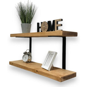80cm Double Rustic Wooden Shelves Wall-Mounted Shelf with Seated Black L Brackets, Kitchen Deco(Rustic Pine, 80cm (0.8m)