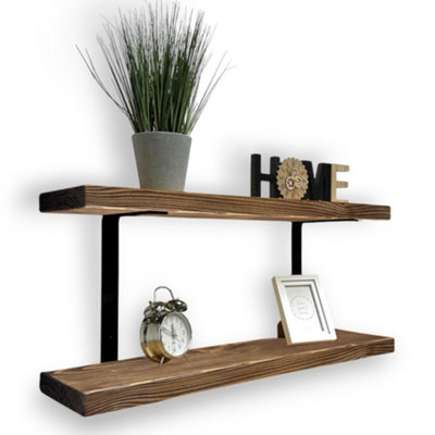 80cm Double Rustic Wooden Shelves Wall-Mounted Shelf with Seated Black L Brackets (Walnut)