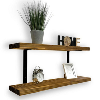 80cm Double Rustic Wooden Shelves Wall-Mounted Shelf with Seated Double Black L Brackets(Tudor Oak)