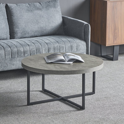 80cm Elegant Concrete Effect MDF Coffee Table with Cross Metal Frame