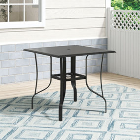 80cm Garden Metal Slatted Coffee Table Square Outdoor Table with Umbrella Hole, Black