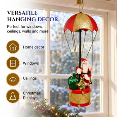 80cm Pop-Up Santa Parachute Christmas Decoration with LED Lights Red & Gold
