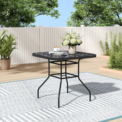 80cm Stone Grain Square Table Tempered Glass Top Table with Parasol Hole