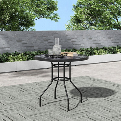80cm W Round Outdoor Garden Marble Texture Coffee Table with Tempered Glass Top and Parasol Hole, Black
