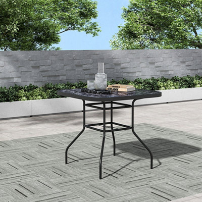 80cm W Square Outdoor Marble Coffee Table with Tempered Glass Top and 5.1cm Dia Parasol Hole, Black