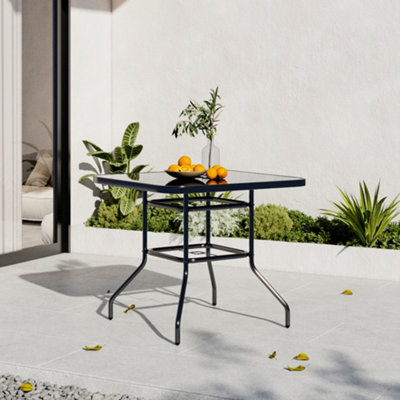 80cm W Square Wrought Iron Style Outdoor Garden Table with Tempered Glass Top and Parasol Hole, Black