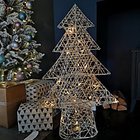 80cm Warm White Battery Operated LED White and Gold Woven Tree Silhouette Christmas Decoration