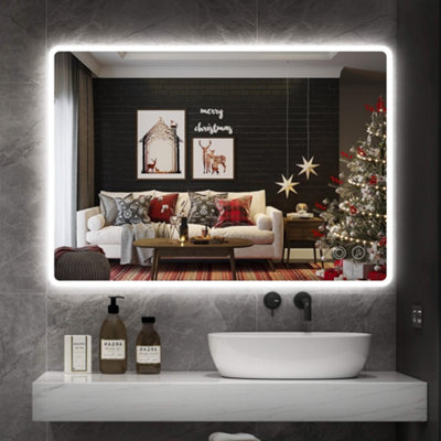 80cm x 60cm LED Lighted Bathroom Mirror, Frameless Backlit Wall Mounted, Anti-Fog, Bluetooth
