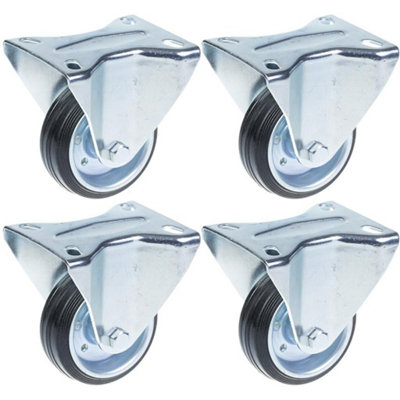 80mm 3" black rubber fixed castors with top plate 70kg - set of 4