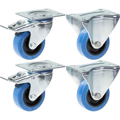 80mm 3" castor blue rubber brake & fixed strong 560kg capacity, set of 4