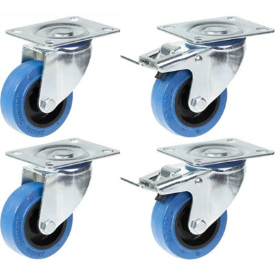 80mm 3" castor blue rubber swivel & brake strong 560kg capacity, set of 4