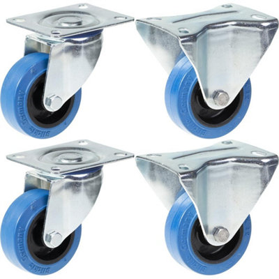 80mm 3" castor blue rubber swivel & fixed strong 560kg capacity, set of 4