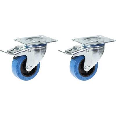 80mm 3" castor blue rubber swivel with brake strong 280kg capacity, set of 2