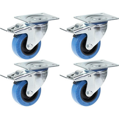 80mm 3" castor blue rubber swivel with brake strong 560kg capacity, set of 4