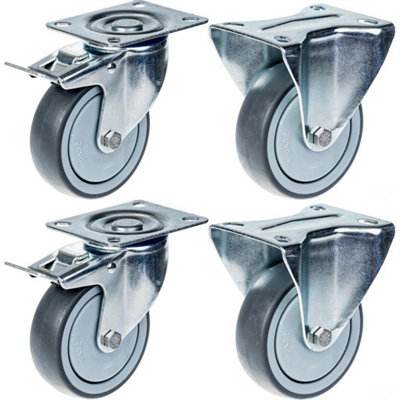 80mm 3" castor grey rubber brake & fixed strong 320kg capacity, set of 4