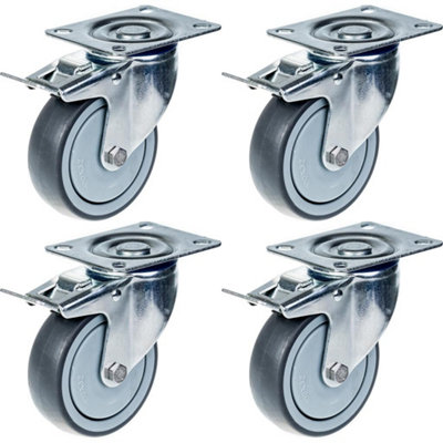 80mm 3" castor grey rubber swivel with brake strong 320kg capacity, set of 4