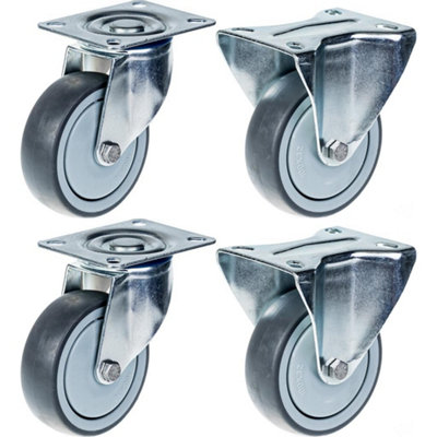 80mm 3" castor grey rubber tyre swivel & fixed strong 320kg capacity, set of 4